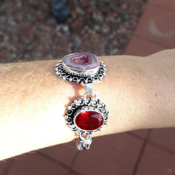 New Agate Druzy and Garnet 925 Silver Bracelet. - Picture 6 of 8